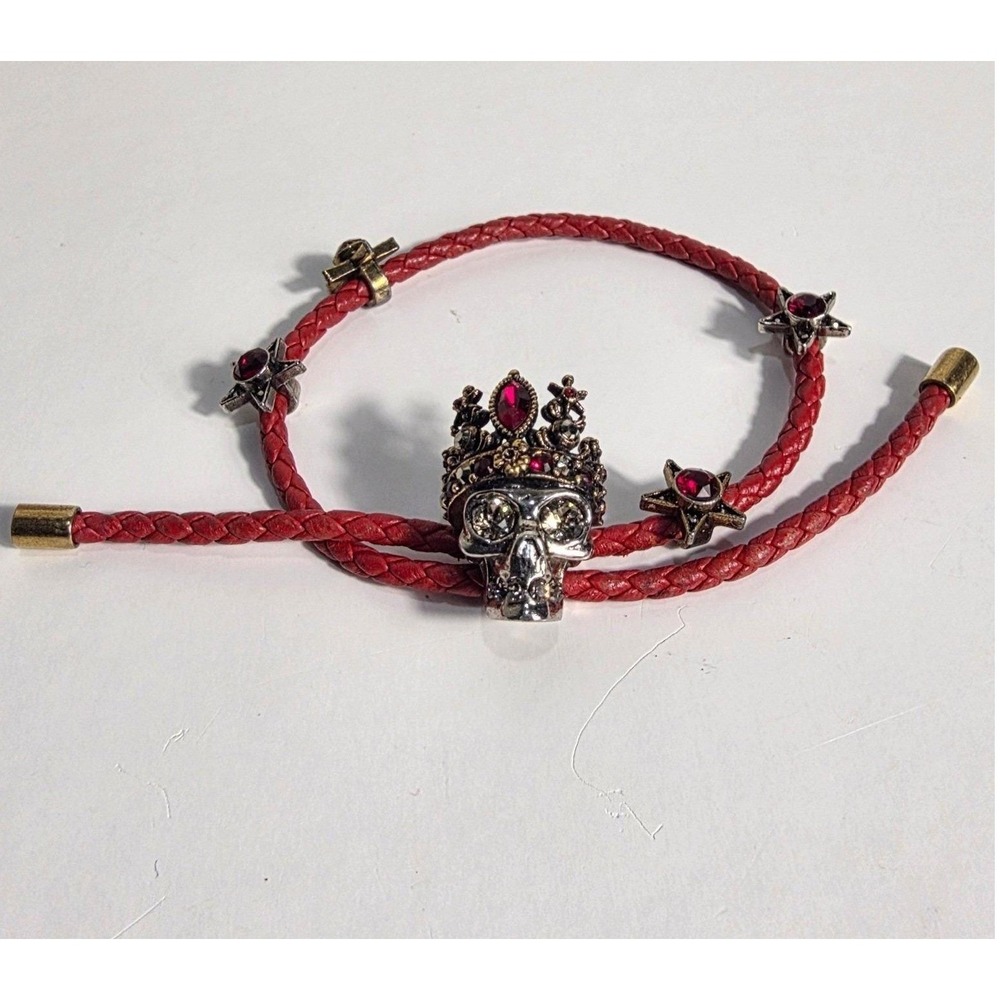 Alexander McQueen Red Braided Leather Skull Crown Star Wrap Bracelet Made Italy - Picture 6 of 11